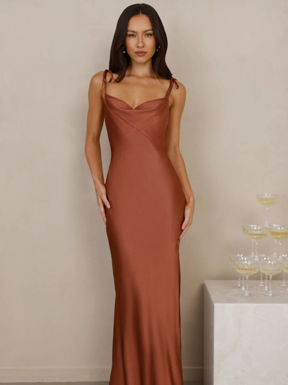 The Penelope Cowl Satin Maxi Dress Copper